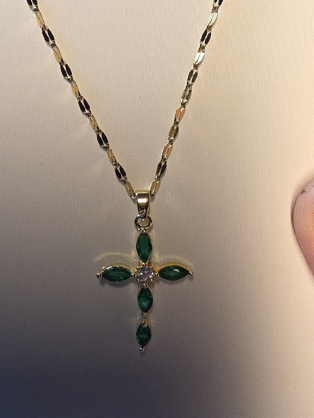Beautiful Gold Tone Cross Pendant Necklace with Marquise Green Stones